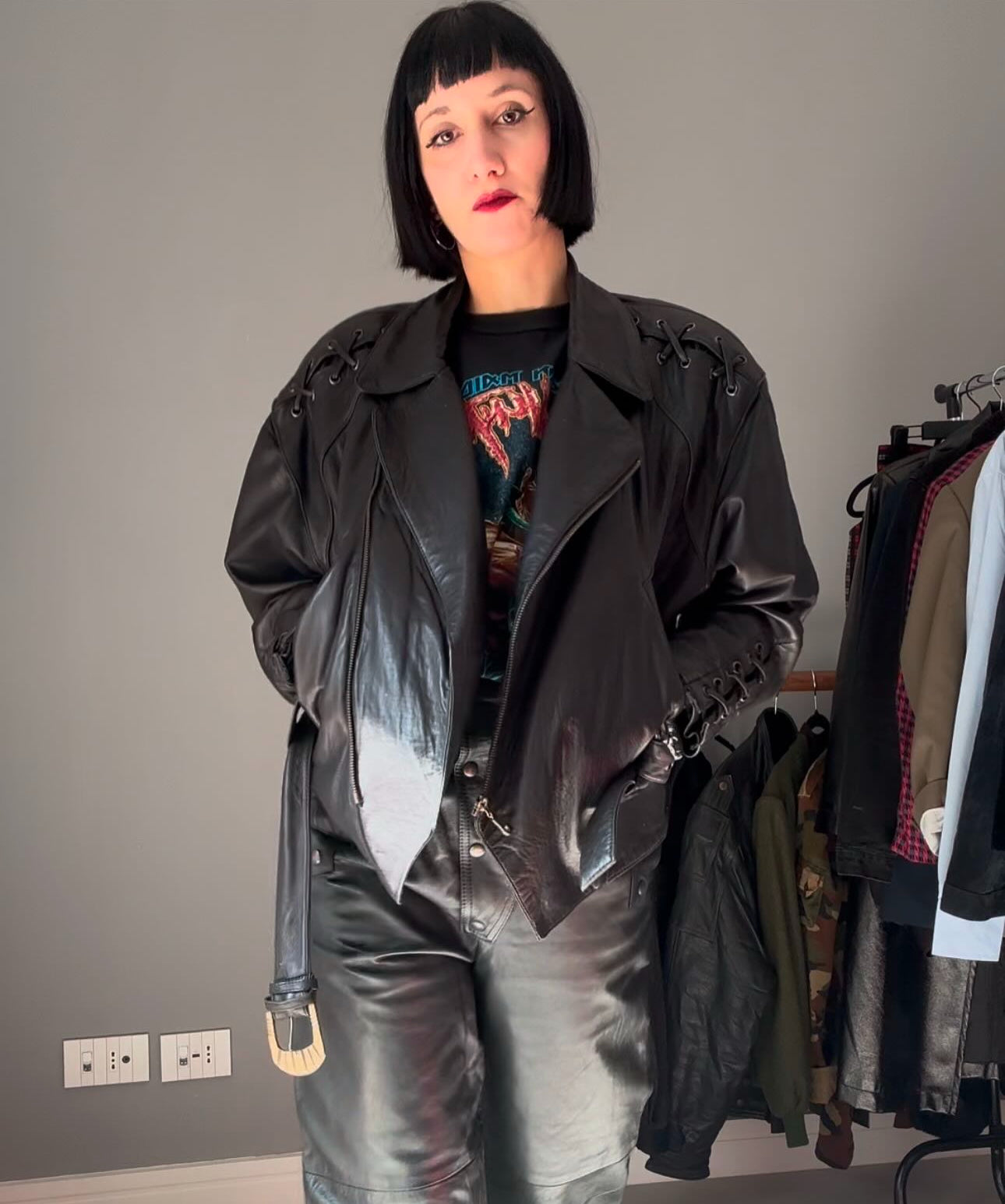 Giubbotto pelle anni 80 con cintura